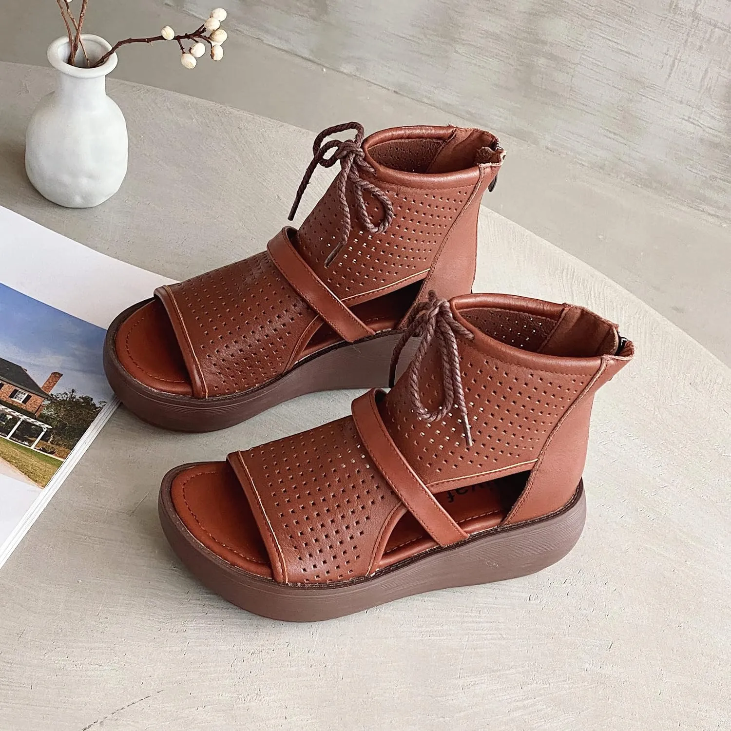 Women High Top Boot Sandals Open Toe Cutout Leather Sandals for Women