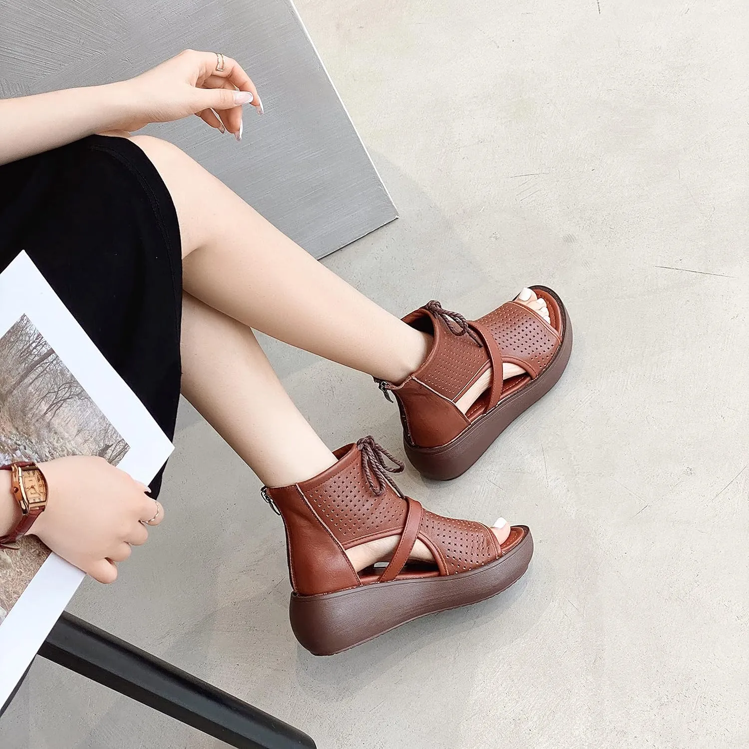 Women High Top Boot Sandals Open Toe Cutout Leather Sandals for Women