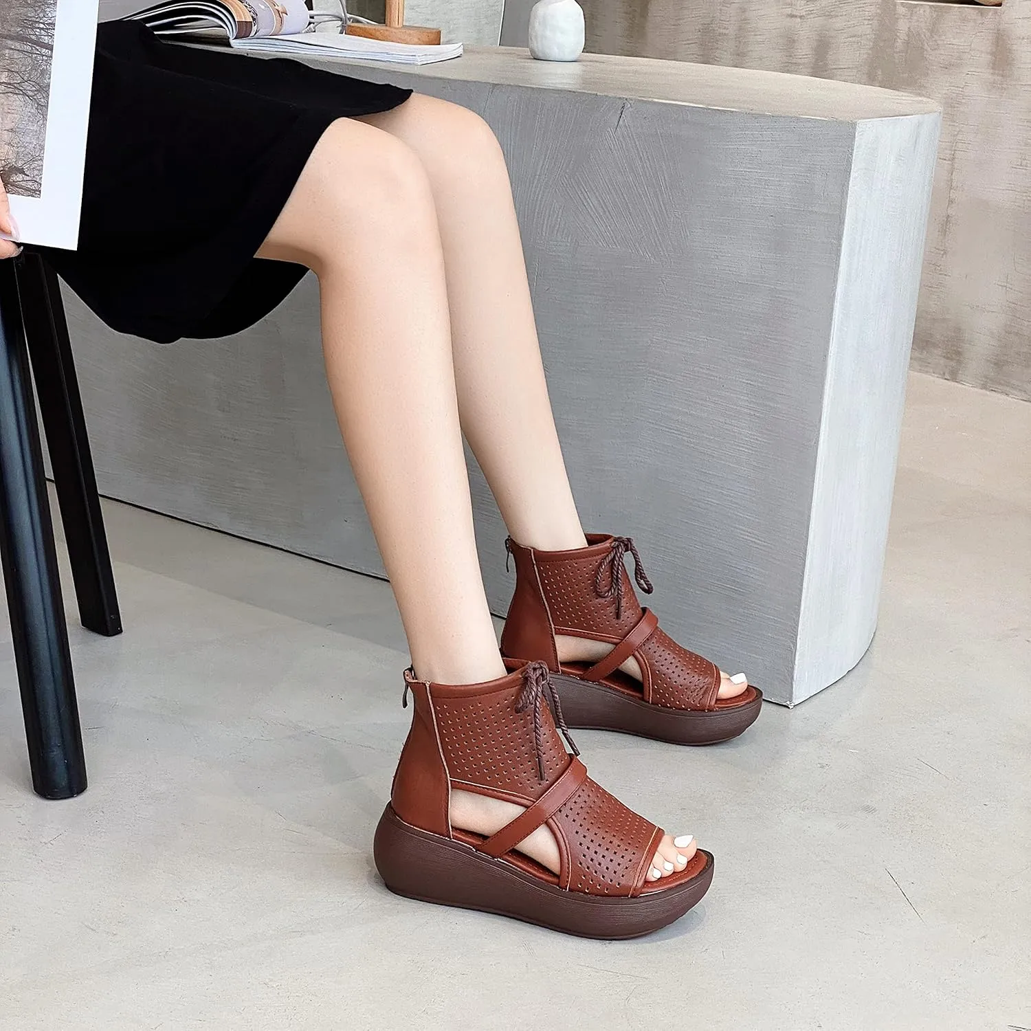 Women High Top Boot Sandals Open Toe Cutout Leather Sandals for Women