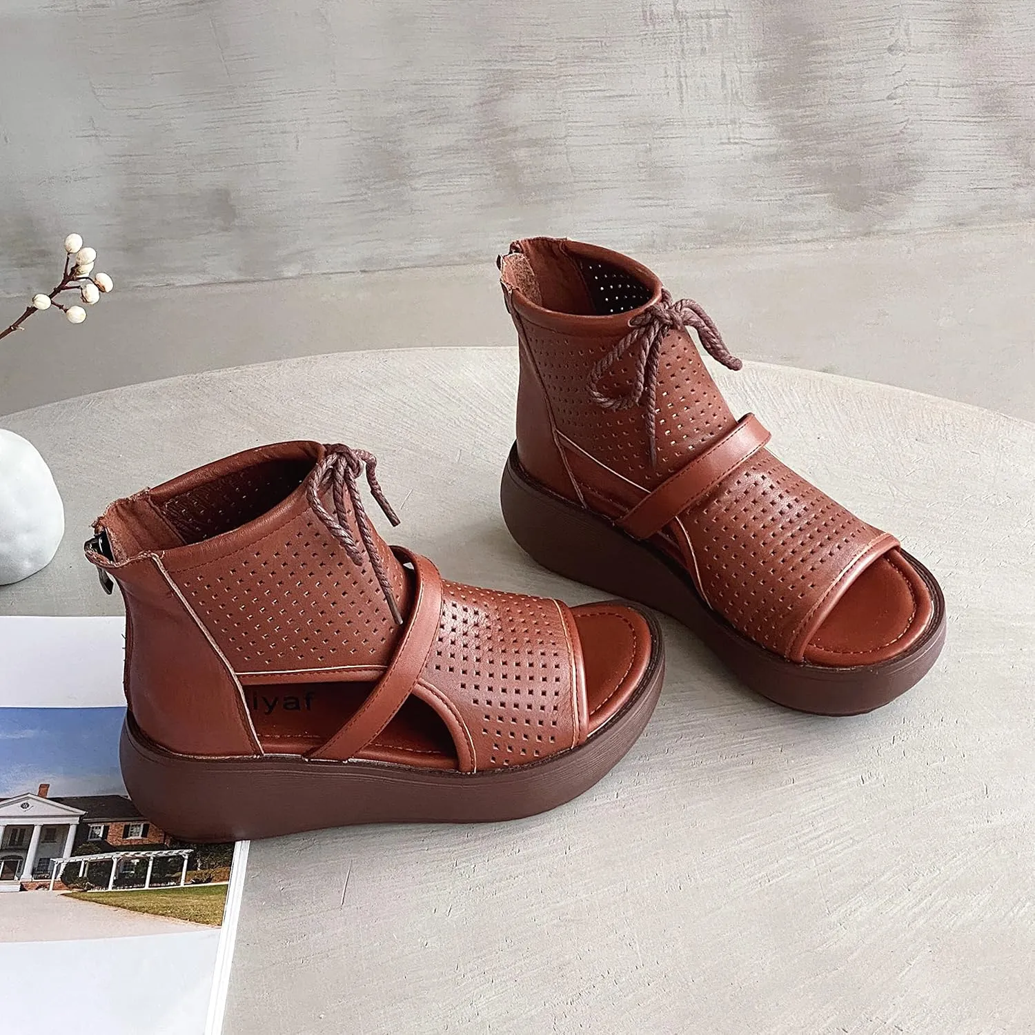 Women High Top Boot Sandals Open Toe Cutout Leather Sandals for Women