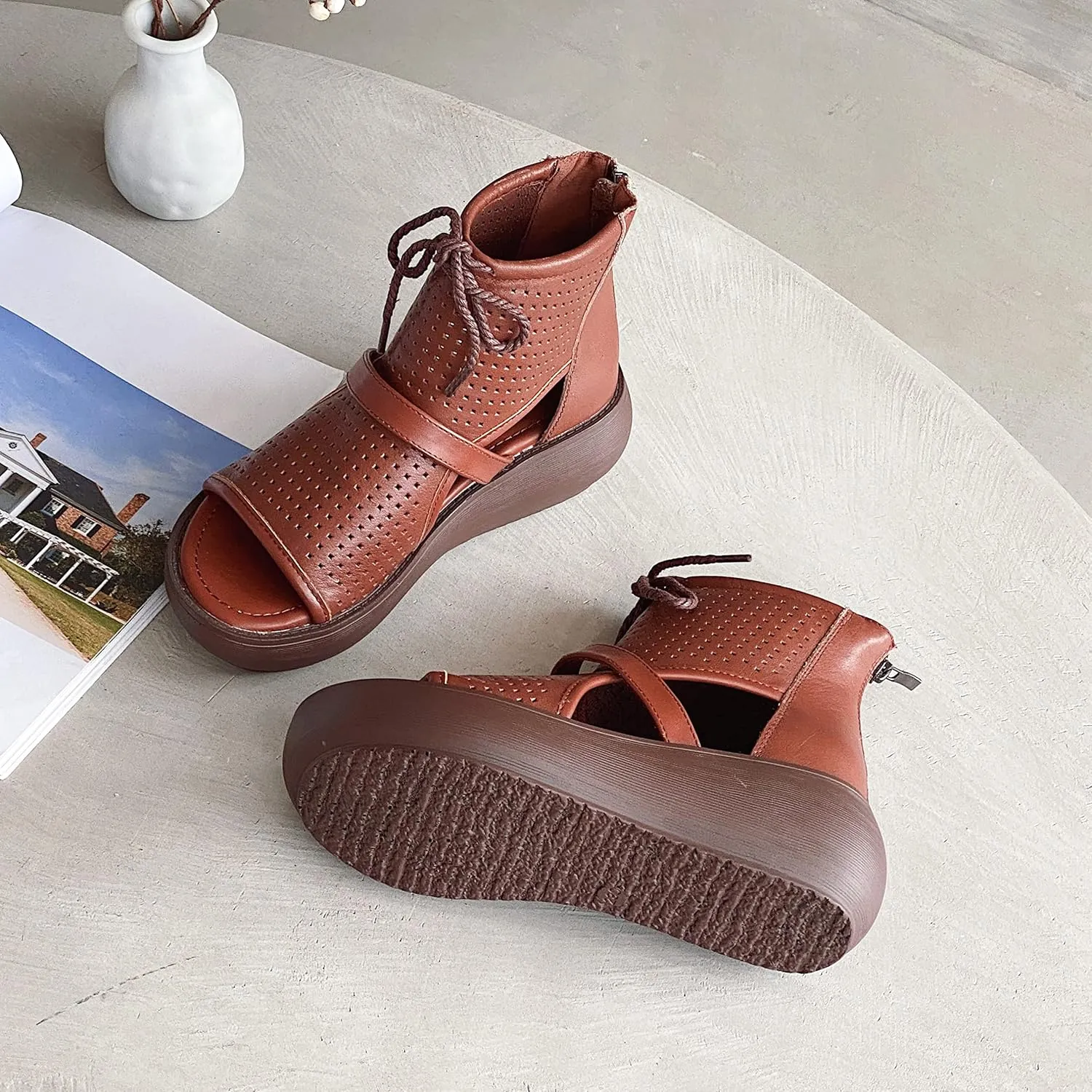 Women High Top Boot Sandals Open Toe Cutout Leather Sandals for Women