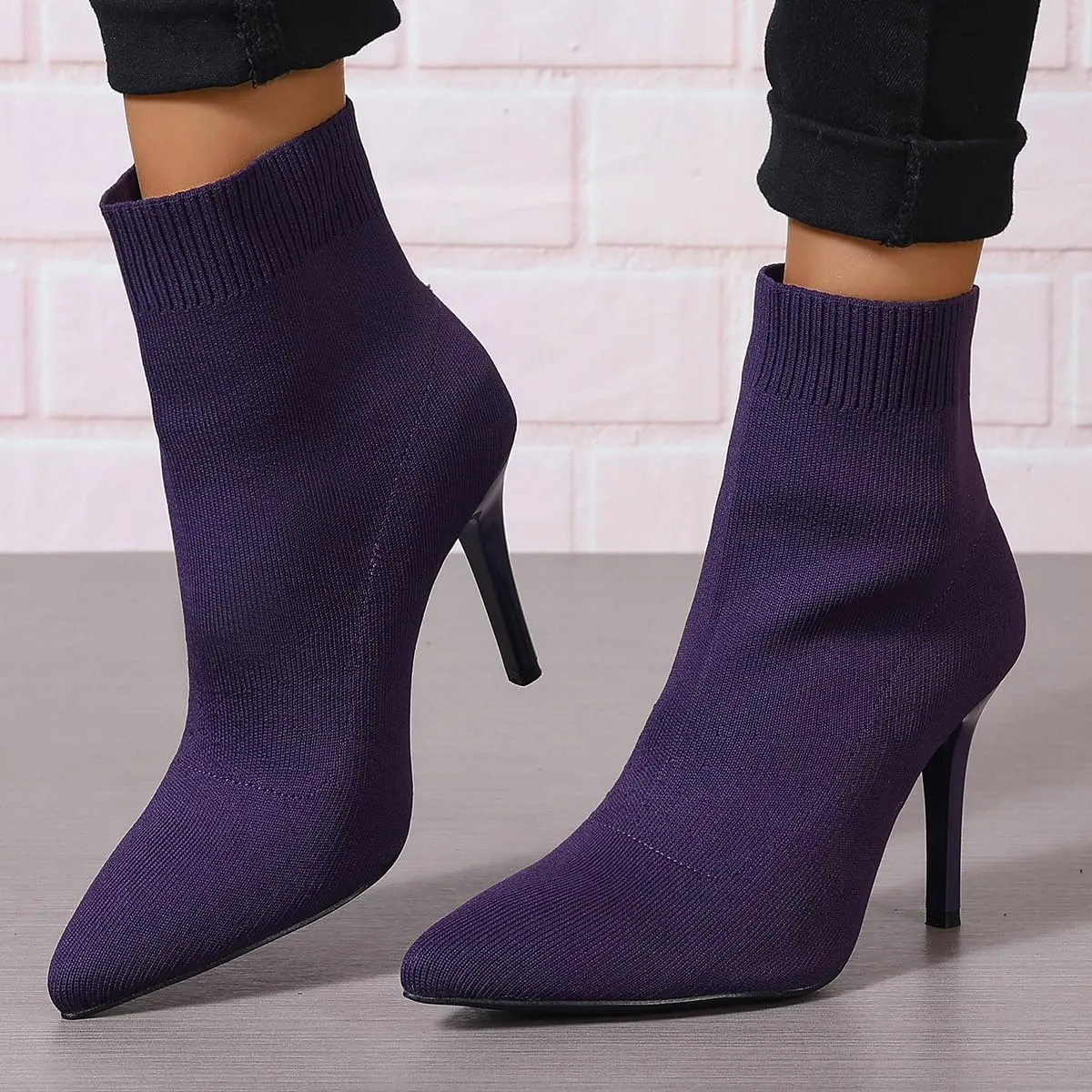 Women Knitted Boots Stretch Sock Ankle Boots Pointed Toe Booties Stiletto High Heel Pull On Ankle Booties