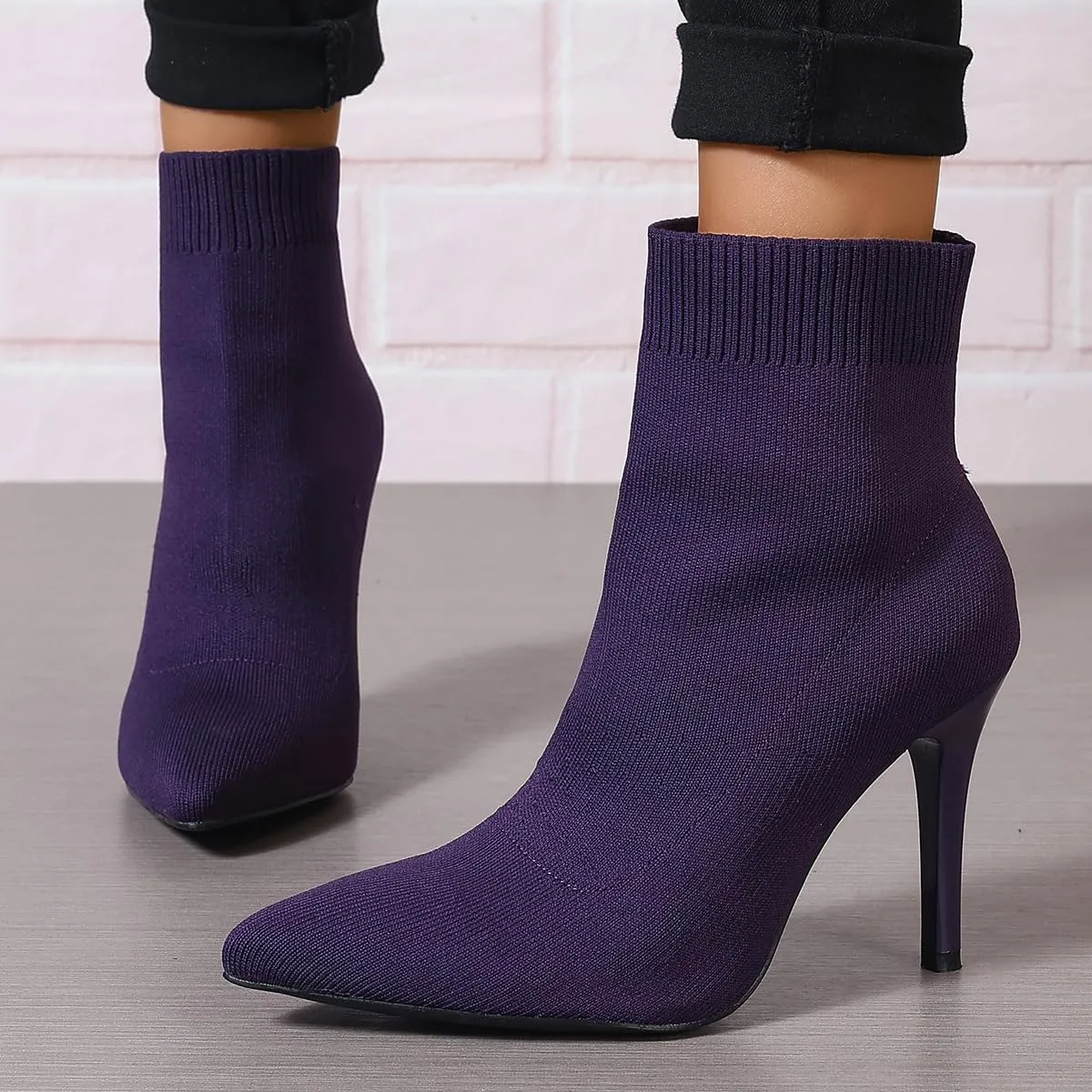 Women Knitted Boots Stretch Sock Ankle Boots Pointed Toe Booties Stiletto High Heel Pull On Ankle Booties