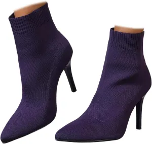 Women Knitted Boots Stretch Sock Ankle Boots Pointed Toe Booties Stiletto High Heel Pull On Ankle Booties