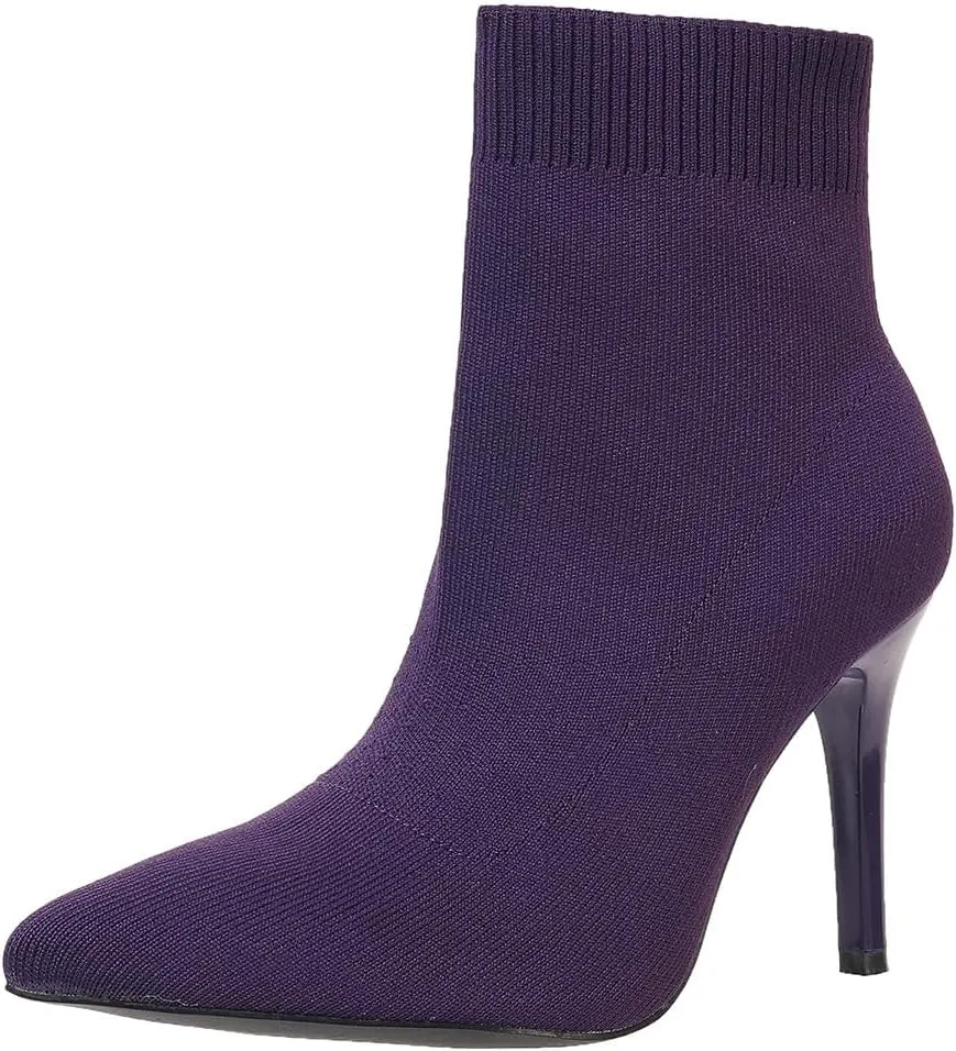 Women Knitted Boots Stretch Sock Ankle Boots Pointed Toe Booties Stiletto High Heel Pull On Ankle Booties