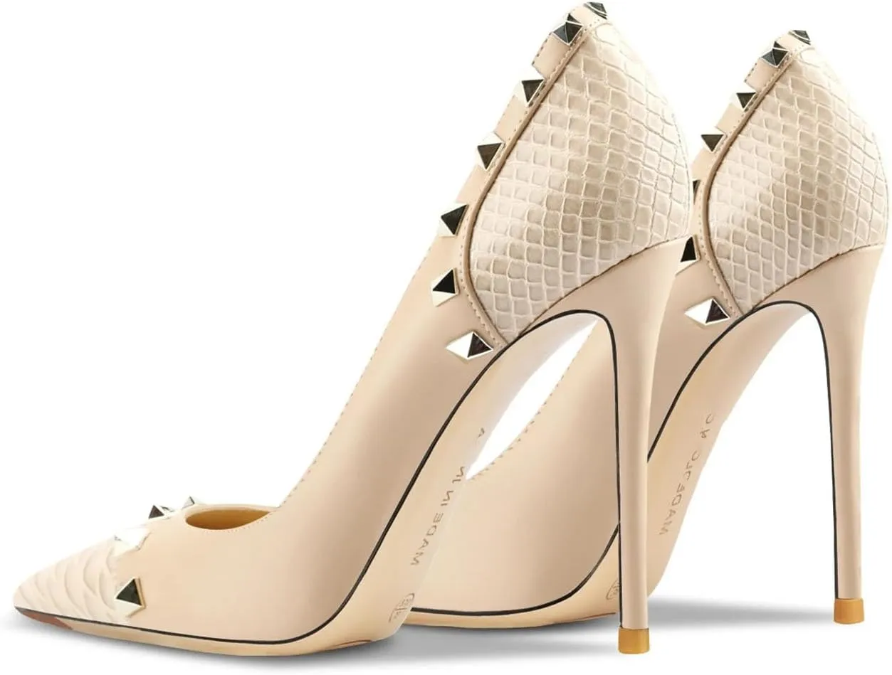 Women's 10CM Stiletto Pumps, Designer Rivet Pointed Toe Luxury