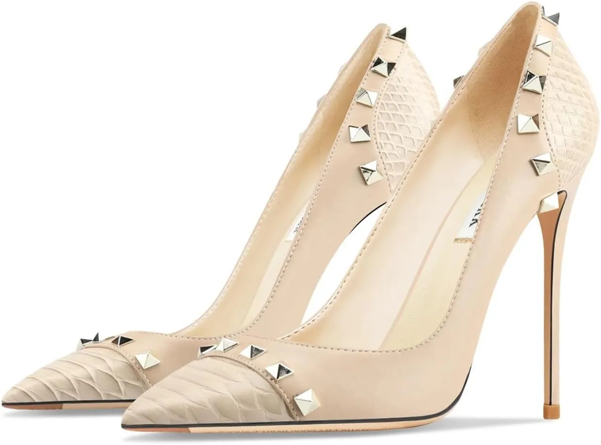 Women's 10CM Stiletto Pumps, Designer Rivet Pointed Toe Luxury