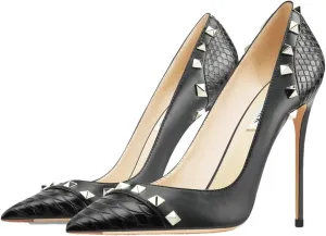Women's 10CM Stiletto Pumps, Designer Rivet Pointed Toe Luxury