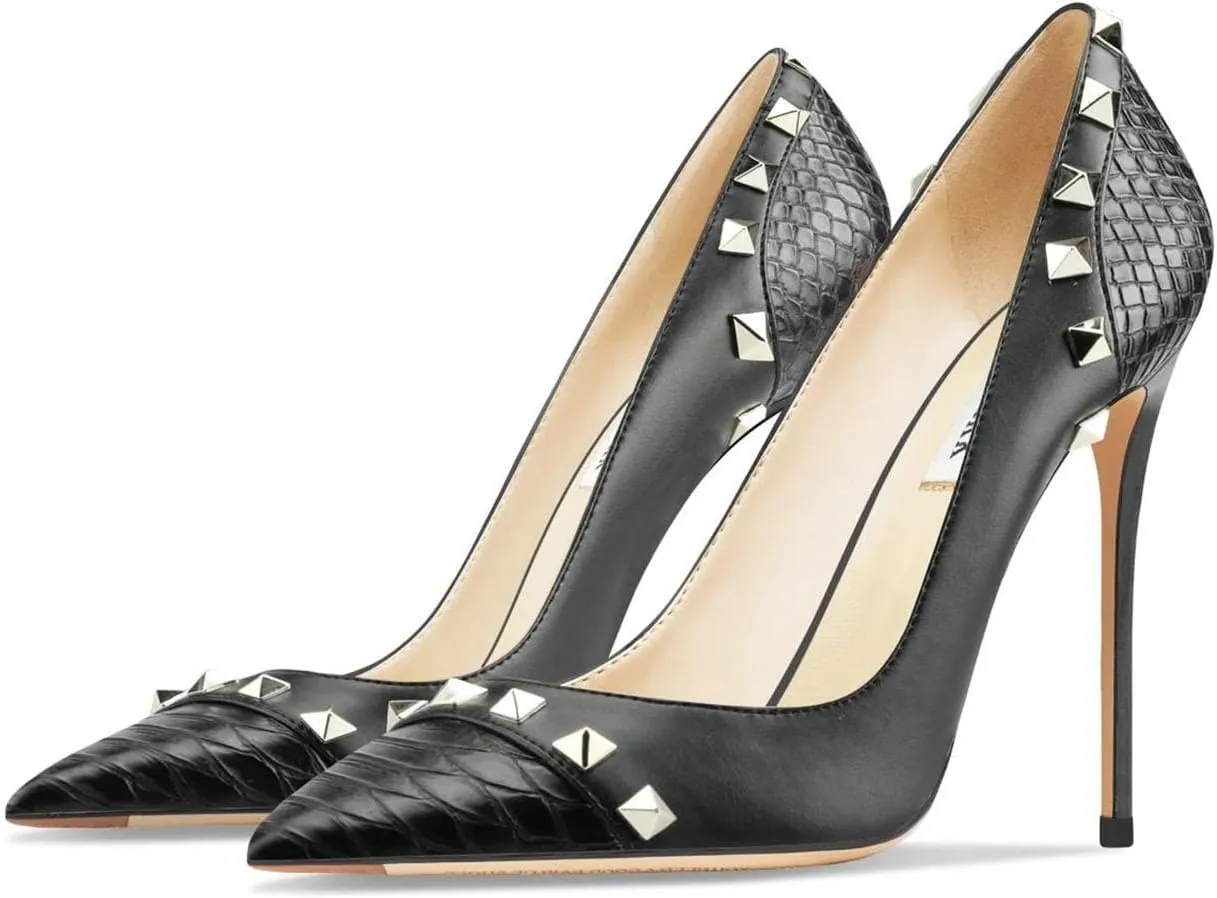 Women's 10CM Stiletto Pumps, Designer Rivet Pointed Toe Luxury