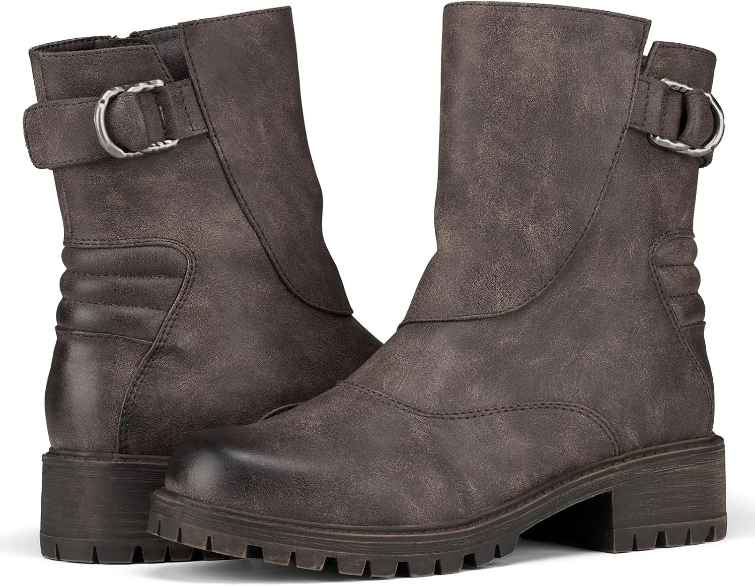 Women's Biker Boots Motorcycle Boots Buckle Mid Calf Boots Low Heel Combat Riding Military Boots for Women