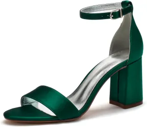 Women's Block Heels Wedding Sandals for Bride Satin Bridal Shoes Formal Evening Prom Party Shoes