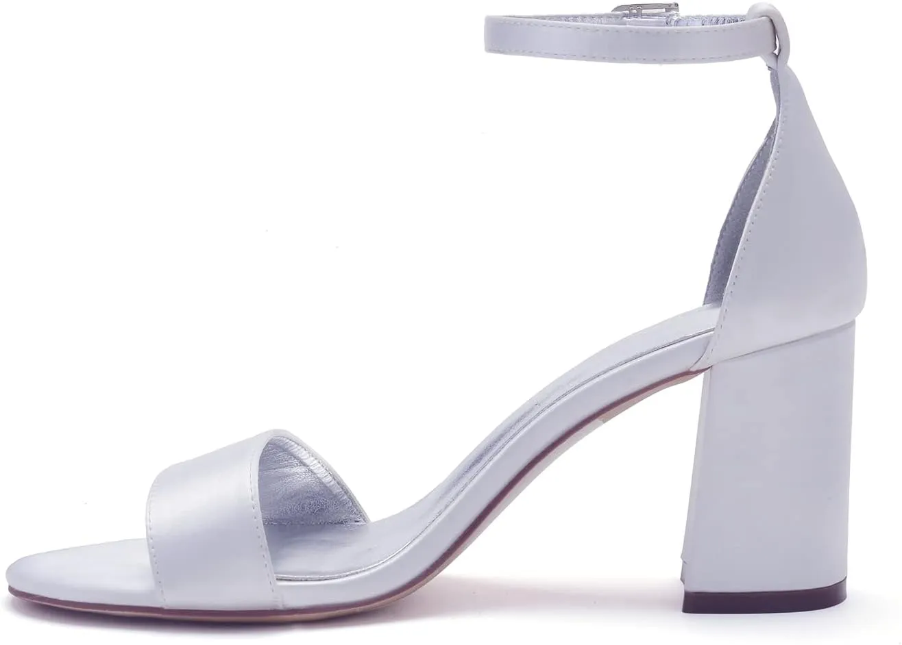 Women's Block Heels Wedding Sandals for Bride Satin Bridal Shoes Formal Evening Prom Party Shoes