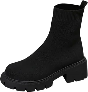 Womens Booties Low Heel Knit Boots Platform Ankle Boots Women's Boots Elastic Platform Ankle Booties Chunky Heel Boots