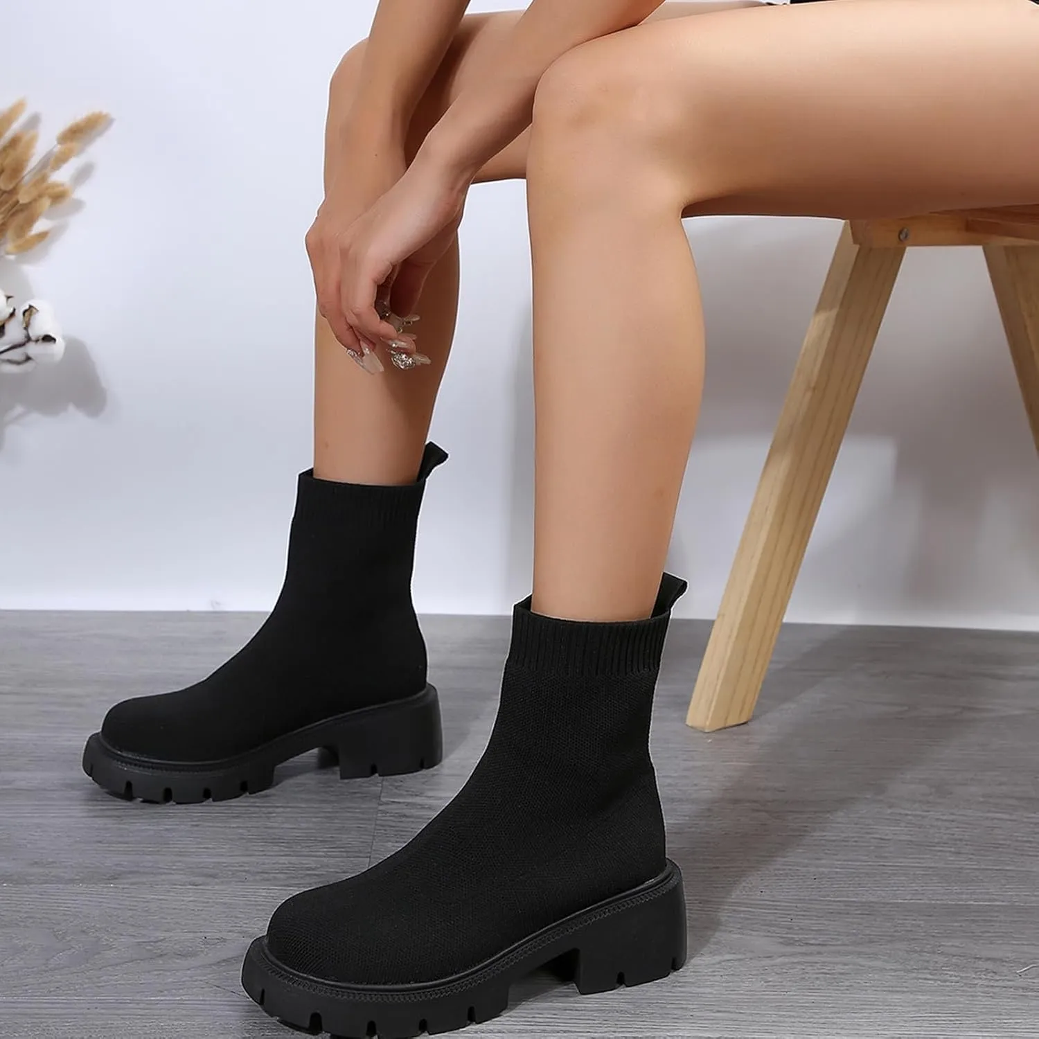 Womens Booties Low Heel Knit Boots Platform Ankle Boots Women's Boots Elastic Platform Ankle Booties Chunky Heel Boots