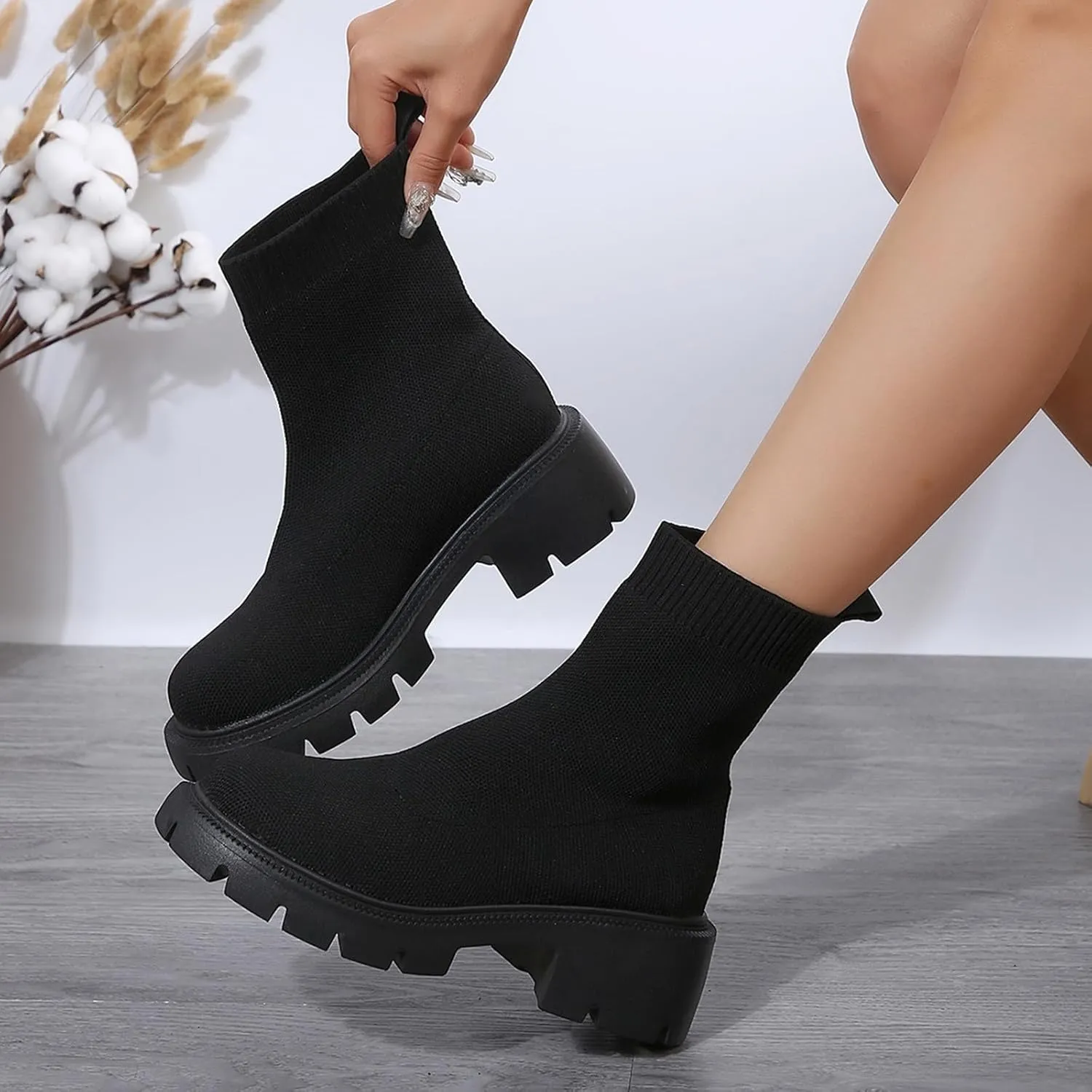 Womens Booties Low Heel Knit Boots Platform Ankle Boots Women's Boots Elastic Platform Ankle Booties Chunky Heel Boots