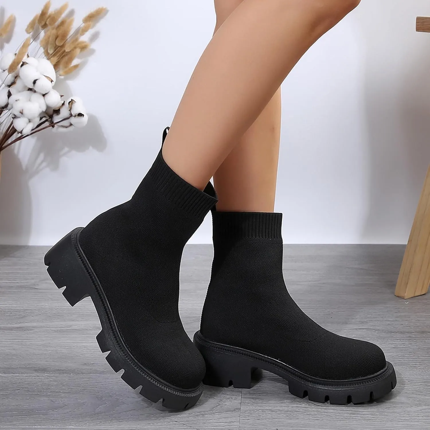 Womens Booties Low Heel Knit Boots Platform Ankle Boots Women's Boots Elastic Platform Ankle Booties Chunky Heel Boots