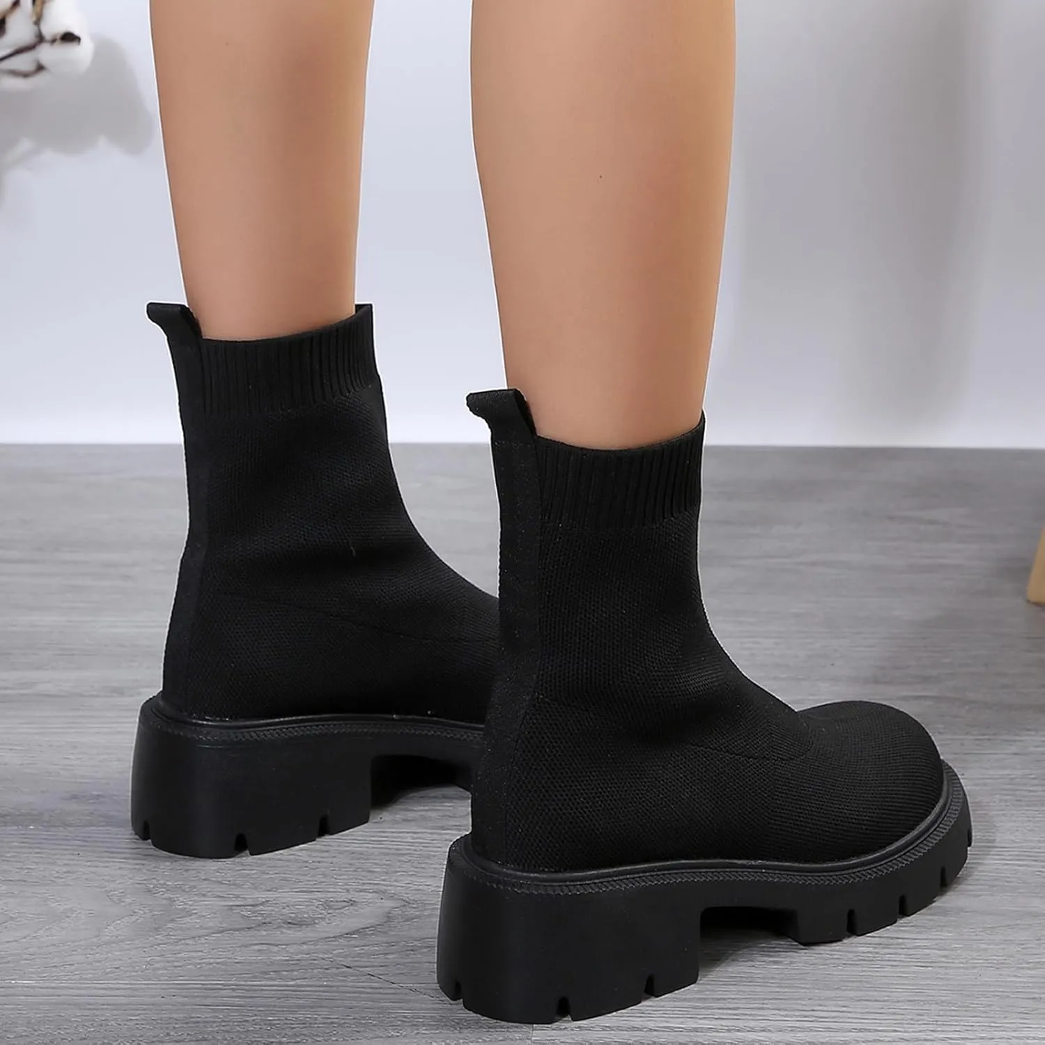 Womens Booties Low Heel Knit Boots Platform Ankle Boots Women's Boots Elastic Platform Ankle Booties Chunky Heel Boots
