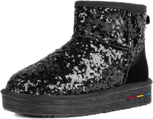 Womens Boots Winter women's boots Sequins leather warm snow boots Cowhide leather women's boots.