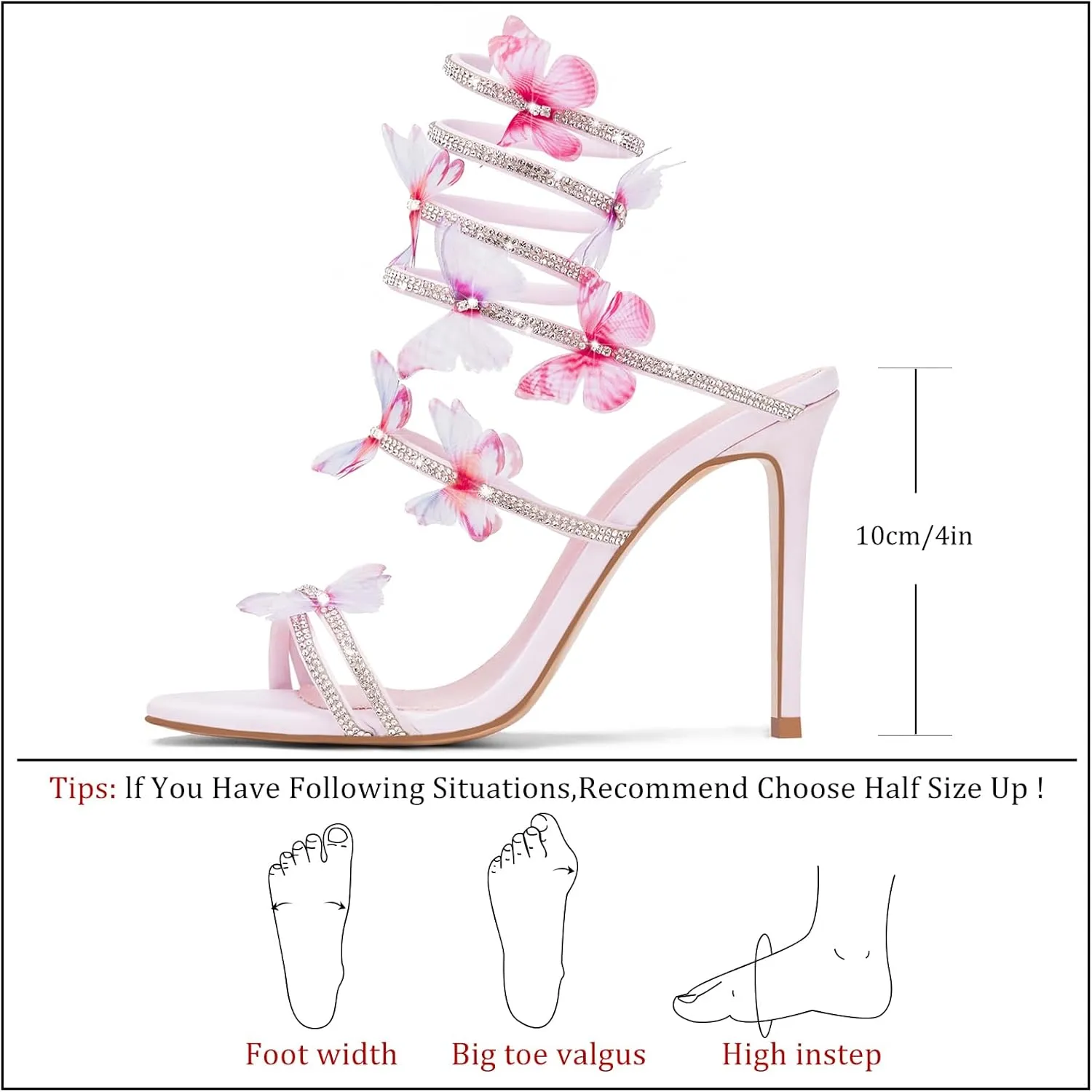 Women's Butterfly Rhinestone High Heels Open Round Toe Spiral Wrap Strappy Dress Stiletto Sandals For Party Evening Wedding