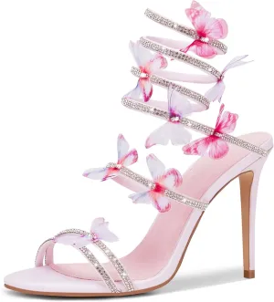 Women's Butterfly Rhinestone High Heels Open Round Toe Spiral Wrap Strappy Dress Stiletto Sandals For Party Evening Wedding