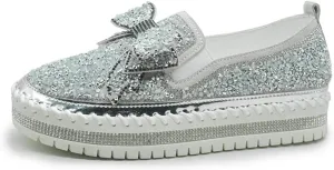 Women's Casual Fashion Platform Rhinestones Glitter Slip On Sneakers Cute Bowknot Flat Walking Loafers Platform Dress Shoes