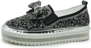 Women's Casual Fashion Platform Rhinestones Glitter Slip On Sneakers Cute Bowknot Flat Walking Loafers Platform Dress Shoes