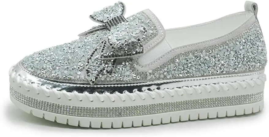 Women's Casual Fashion Platform Rhinestones Glitter Slip On Sneakers Cute Bowknot Flat Walking Loafers Platform Dress Shoes