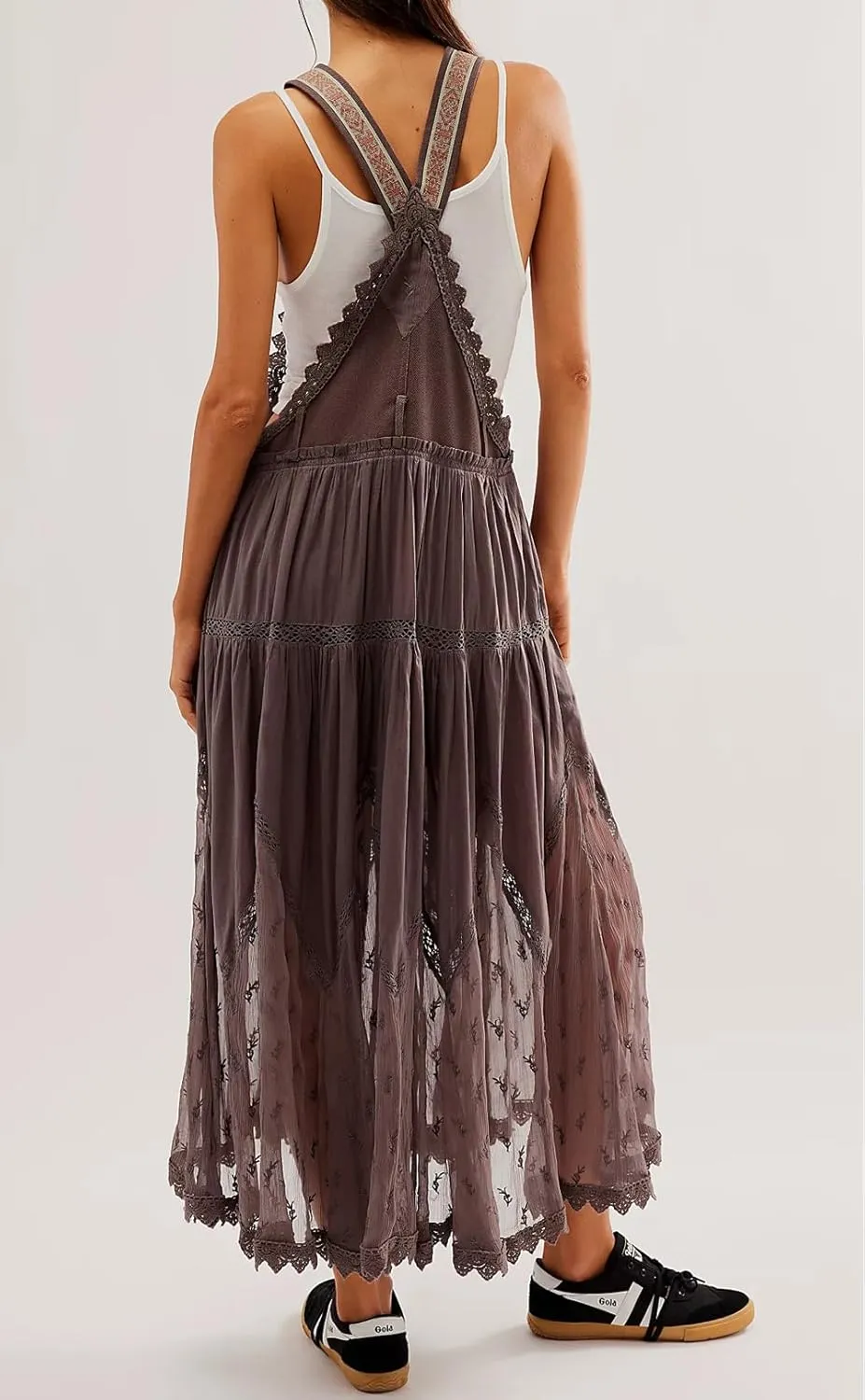 Women's Casual Lace Embroidered Maxi Dress Adjustable Strap Pleated Tiered Swing Long Dress with Pockets