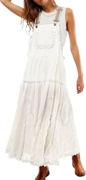 Women's Casual Lace Embroidered Maxi Dress Adjustable Strap Pleated Tiered Swing Long Dress with Pockets