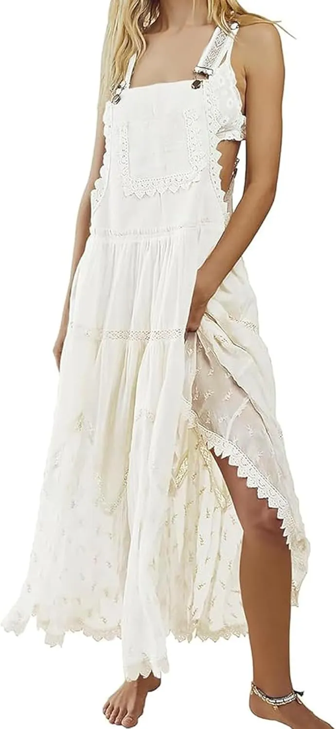 Women's Casual Lace Embroidered Maxi Dress Adjustable Strap Pleated Tiered Swing Long Dress with Pockets
