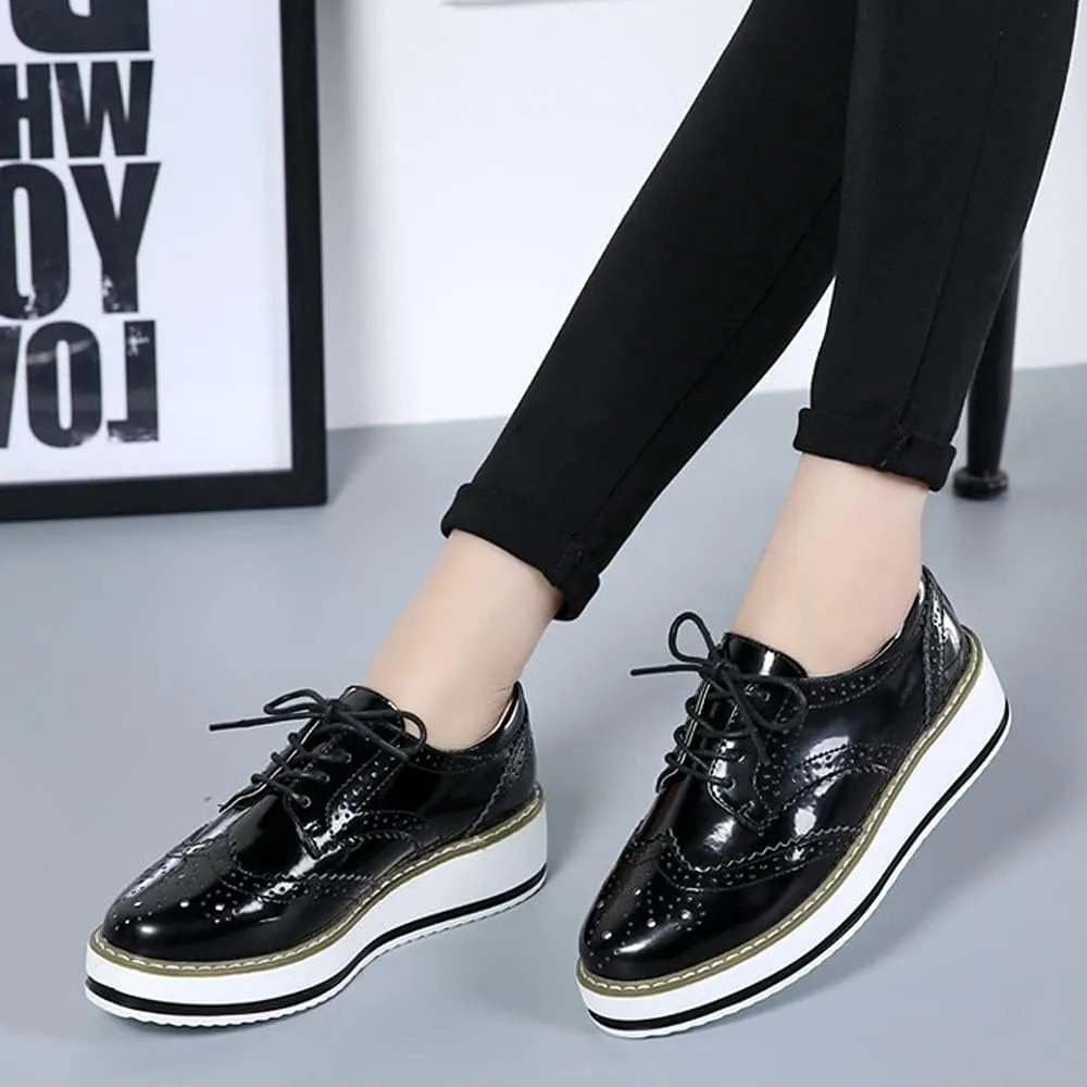 Women's Casual Platform Oxford Lace-Up Perforated Stacked Pumps Flats Loafers Brogues Dress Shoes