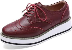 Women's Casual Platform Oxford Lace-Up Perforated Stacked Pumps Flats Loafers Brogues Dress Shoes