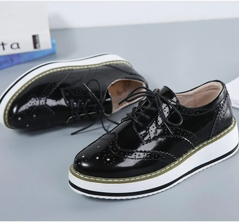 Women's Casual Platform Oxford Lace-Up Perforated Stacked Pumps Flats Loafers Brogues Dress Shoes
