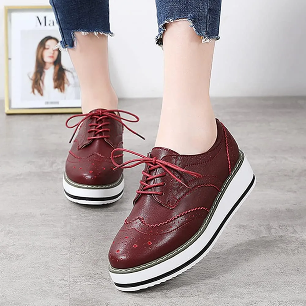 Women's Casual Platform Oxford Lace-Up Perforated Stacked Pumps Flats Loafers Brogues Dress Shoes