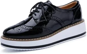 Women's Casual Platform Oxford Lace-Up Perforated Stacked Pumps Flats Loafers Brogues Dress Shoes