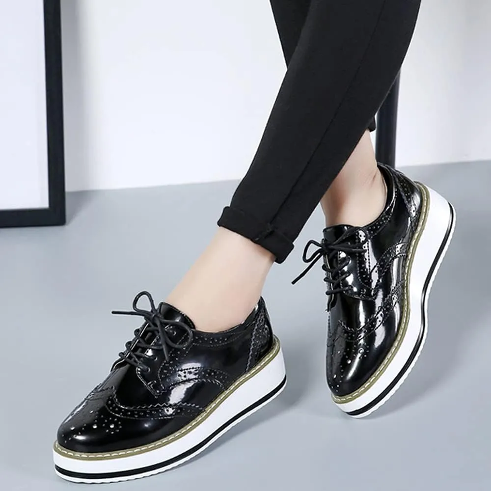 Women's Casual Platform Oxford Lace-Up Perforated Stacked Pumps Flats Loafers Brogues Dress Shoes