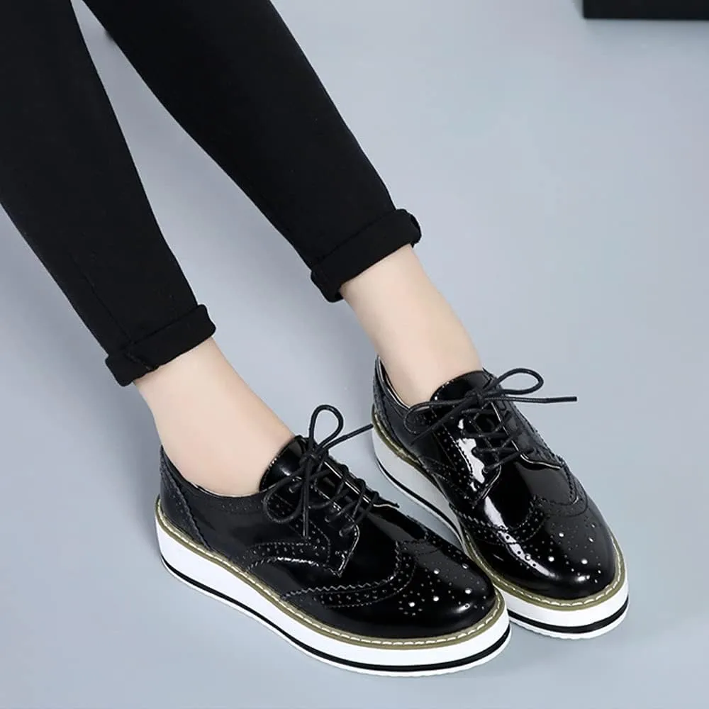 Women's Casual Platform Oxford Lace-Up Perforated Stacked Pumps Flats Loafers Brogues Dress Shoes