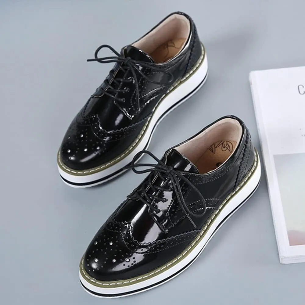 Women's Casual Platform Oxford Lace-Up Perforated Stacked Pumps Flats Loafers Brogues Dress Shoes