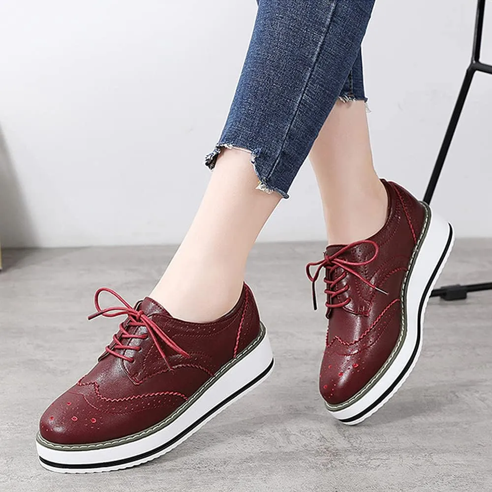 Women's Casual Platform Oxford Lace-Up Perforated Stacked Pumps Flats Loafers Brogues Dress Shoes