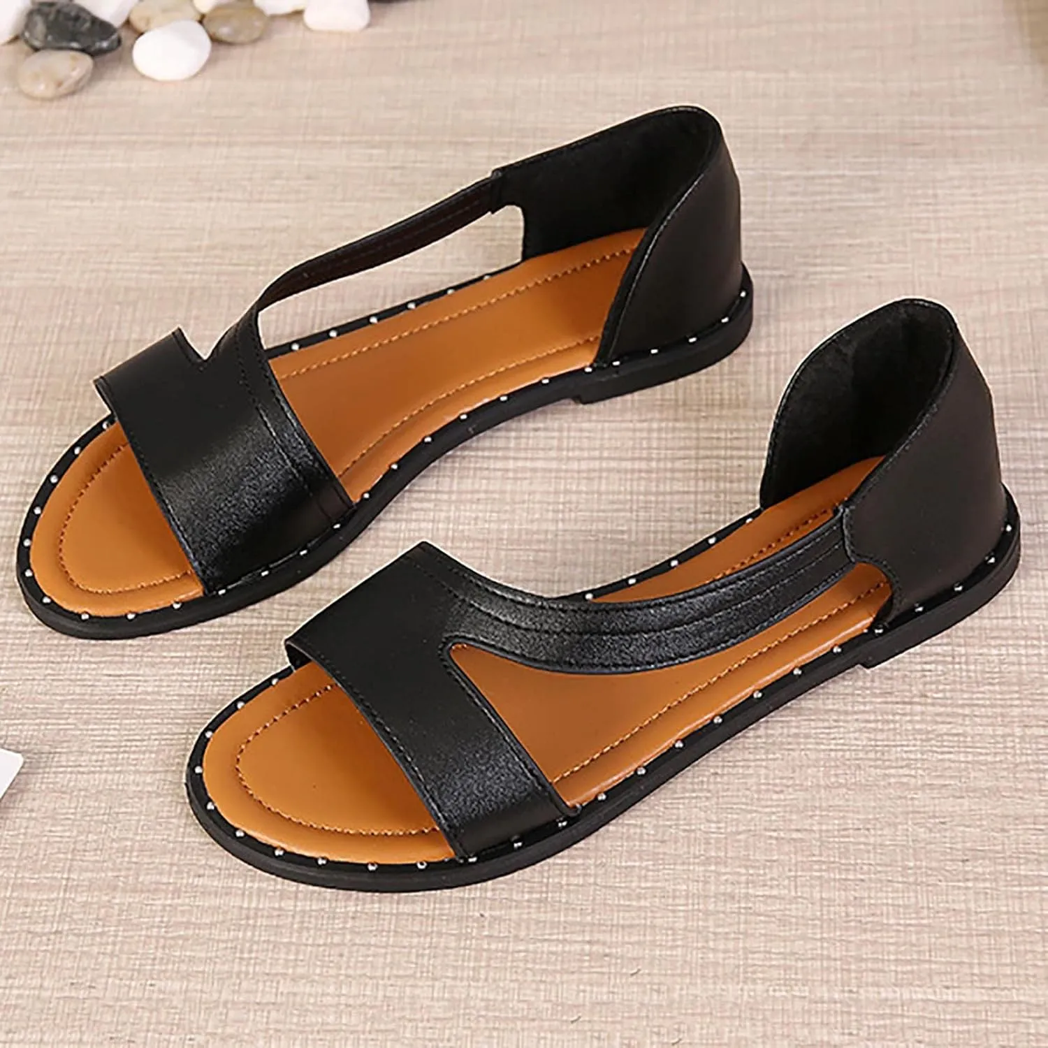 Women's Casual PU Leather Flats with Ankle Strap Wrap Beach Sandal Comfortable Slip-On Dressy Flat Sandals for Summer