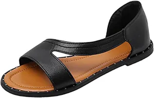 Women's Casual PU Leather Flats with Ankle Strap Wrap Beach Sandal Comfortable Slip-On Dressy Flat Sandals for Summer