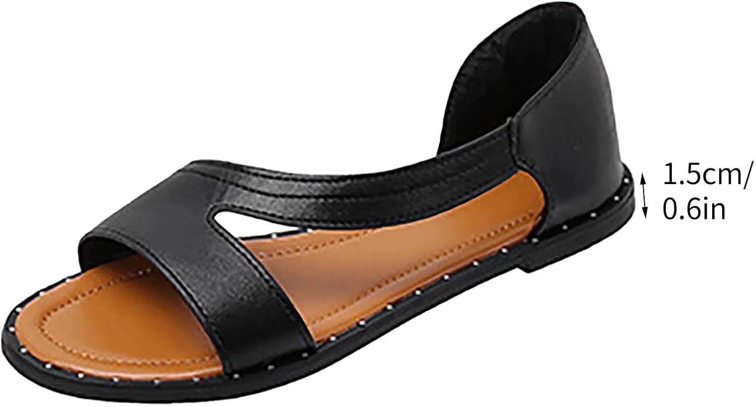 Women's Casual PU Leather Flats with Ankle Strap Wrap Beach Sandal Comfortable Slip-On Dressy Flat Sandals for Summer