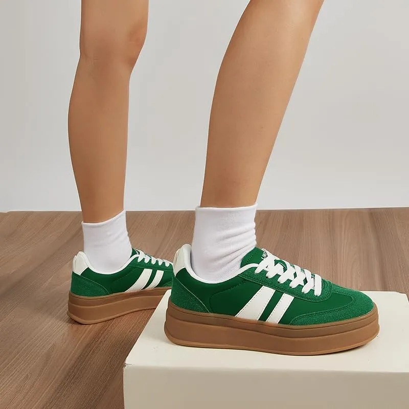 Women's Chunky Platform Sneakers - Retro Vintage Leather Casual Tennis Shoes- Thick Rubber Gum Sole Low Top Lace-Up Classic Walking Shoes