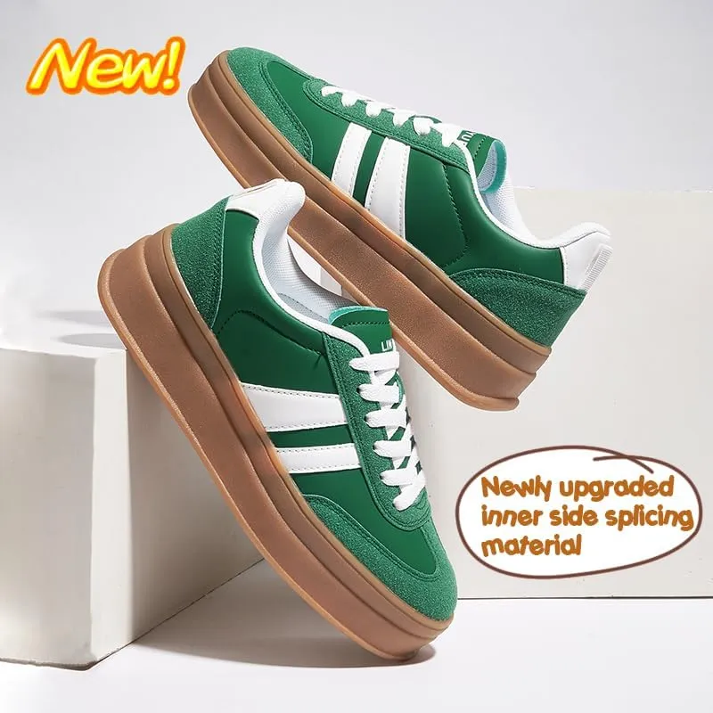 Women's Chunky Platform Sneakers - Retro Vintage Leather Casual Tennis Shoes- Thick Rubber Gum Sole Low Top Lace-Up Classic Walking Shoes