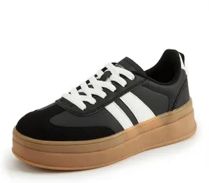 Women's Chunky Platform Sneakers - Retro Vintage Leather Casual Tennis Shoes- Thick Rubber Gum Sole Low Top Lace-Up Classic Walking Shoes