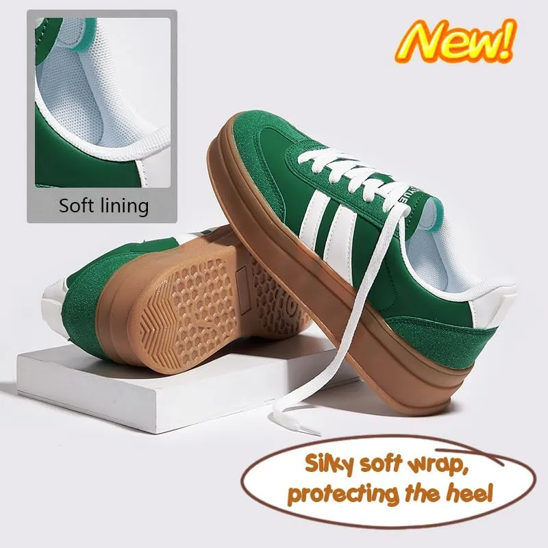 Women's Chunky Platform Sneakers - Retro Vintage Leather Casual Tennis Shoes- Thick Rubber Gum Sole Low Top Lace-Up Classic Walking Shoes