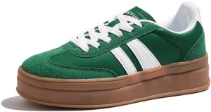Women's Chunky Platform Sneakers - Retro Vintage Leather Casual Tennis Shoes- Thick Rubber Gum Sole Low Top Lace-Up Classic Walking Shoes