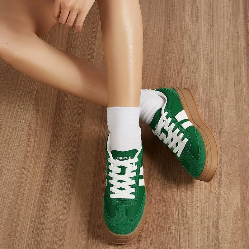 Women's Chunky Platform Sneakers - Retro Vintage Leather Casual Tennis Shoes- Thick Rubber Gum Sole Low Top Lace-Up Classic Walking Shoes