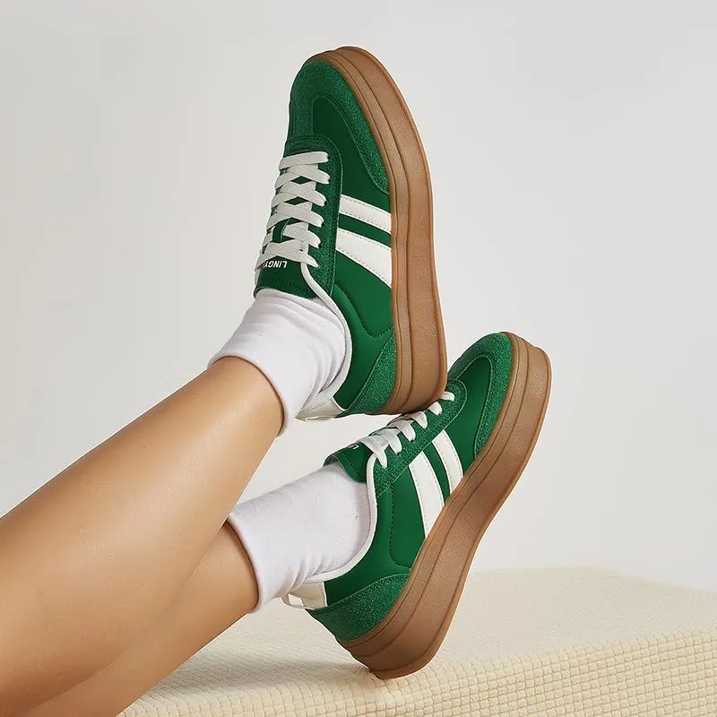 Women's Chunky Platform Sneakers - Retro Vintage Leather Casual Tennis Shoes- Thick Rubber Gum Sole Low Top Lace-Up Classic Walking Shoes