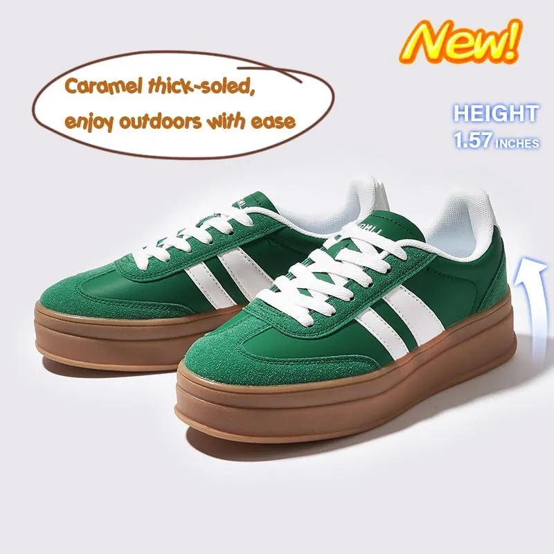 Women's Chunky Platform Sneakers - Retro Vintage Leather Casual Tennis Shoes- Thick Rubber Gum Sole Low Top Lace-Up Classic Walking Shoes